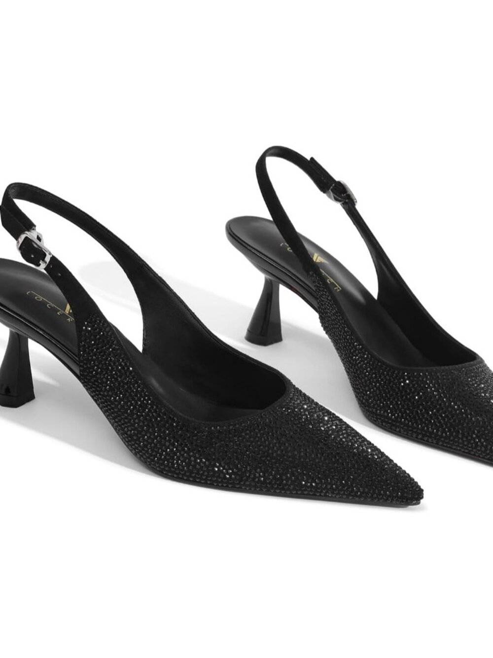 Women's Black Kitten Heels Slingback Low Heel Dress Shoes Rhinestone Pointed Toe - Picture 6 of 6